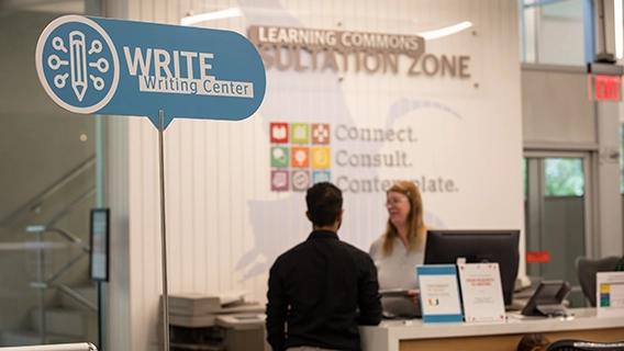 Writing Center desk with signage